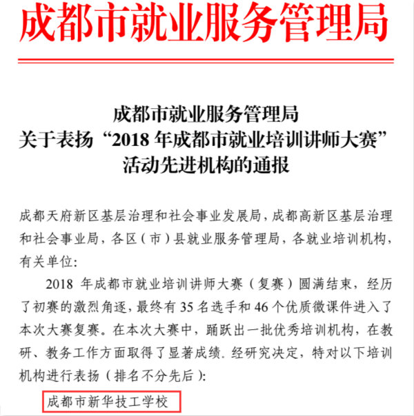 熱烈祝賀我院榮膺—2018成都就業培訓講師大賽先進單位